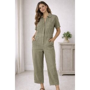 MATE The Label Linen Short Sleeve Jumpsuit XS Coverall Sage Green Utility